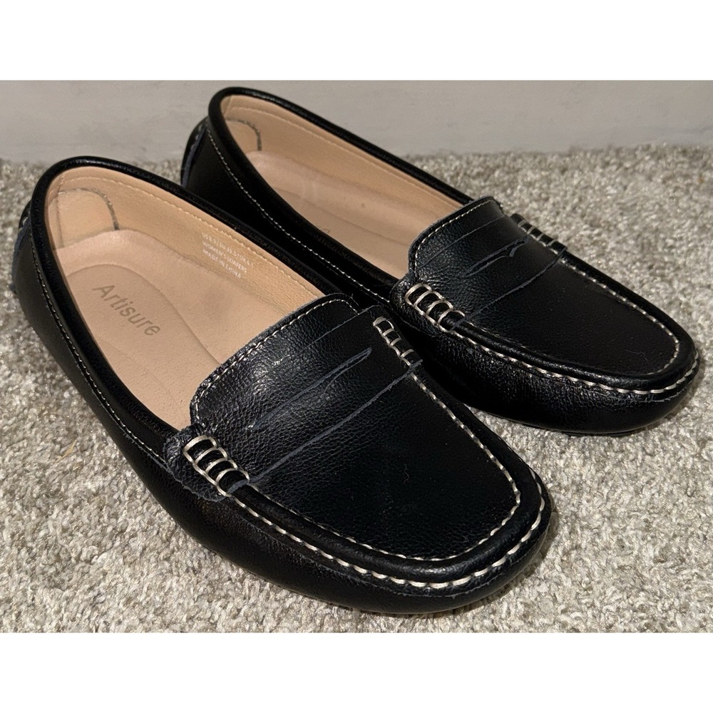 Artisure - Women's Leather Penny Loafers Casual Slip-On Shoes - Black Size 8.5